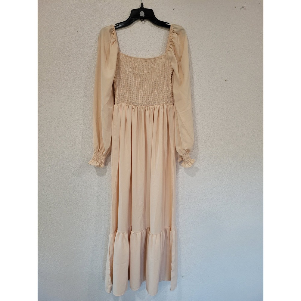 SHEIN Cream Smocked Square Neck Long‎ Sleeve Maxi Dress Tiered Hem #11